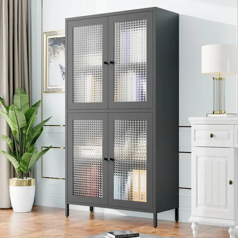 Metal Storage Cabinet 59"H - 4 Waffle Glass Doors, 4 Adjustable Shelves, Anti-Tip, Black Frame Display Bookcase