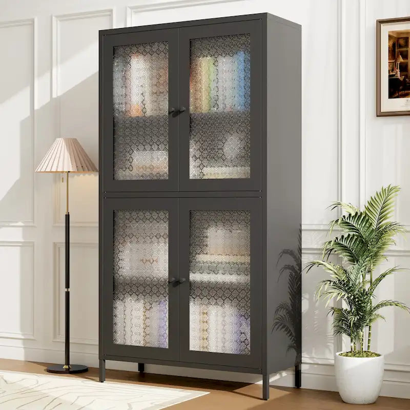 Metal Storage Cabinet 59"H - 4 Waffle Glass Doors, 4 Adjustable Shelves, Anti-Tip, Black Frame Display Bookcase