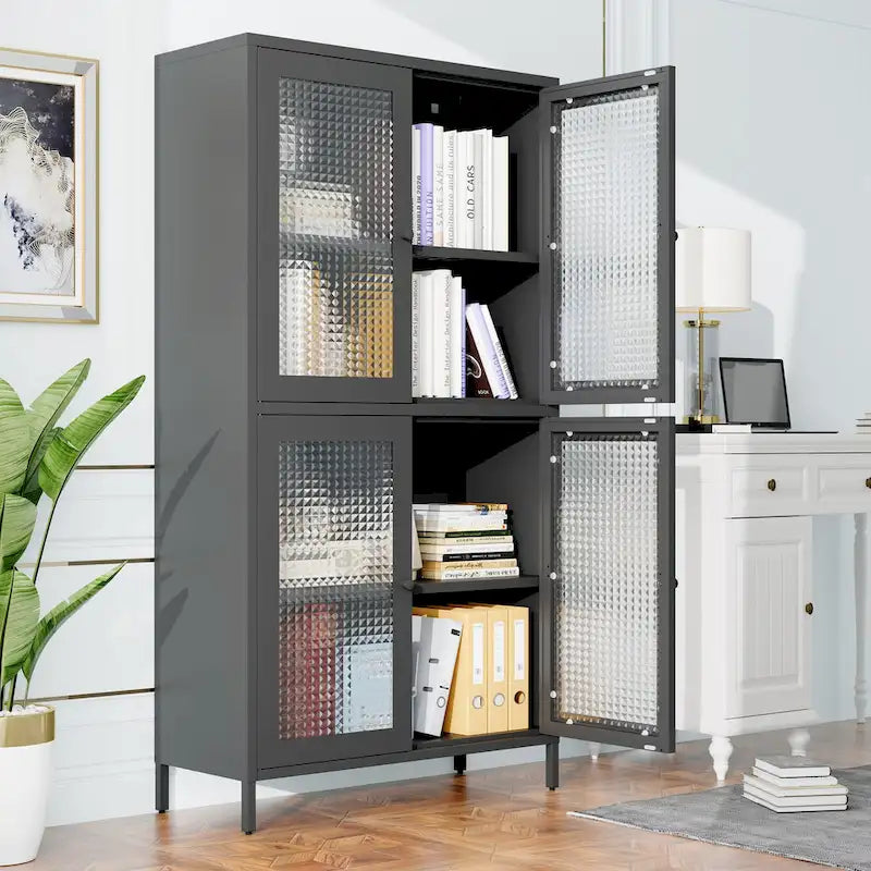 Metal Storage Cabinet 59"H - 4 Waffle Glass Doors, 4 Adjustable Shelves, Anti-Tip, Black Frame Display Bookcase