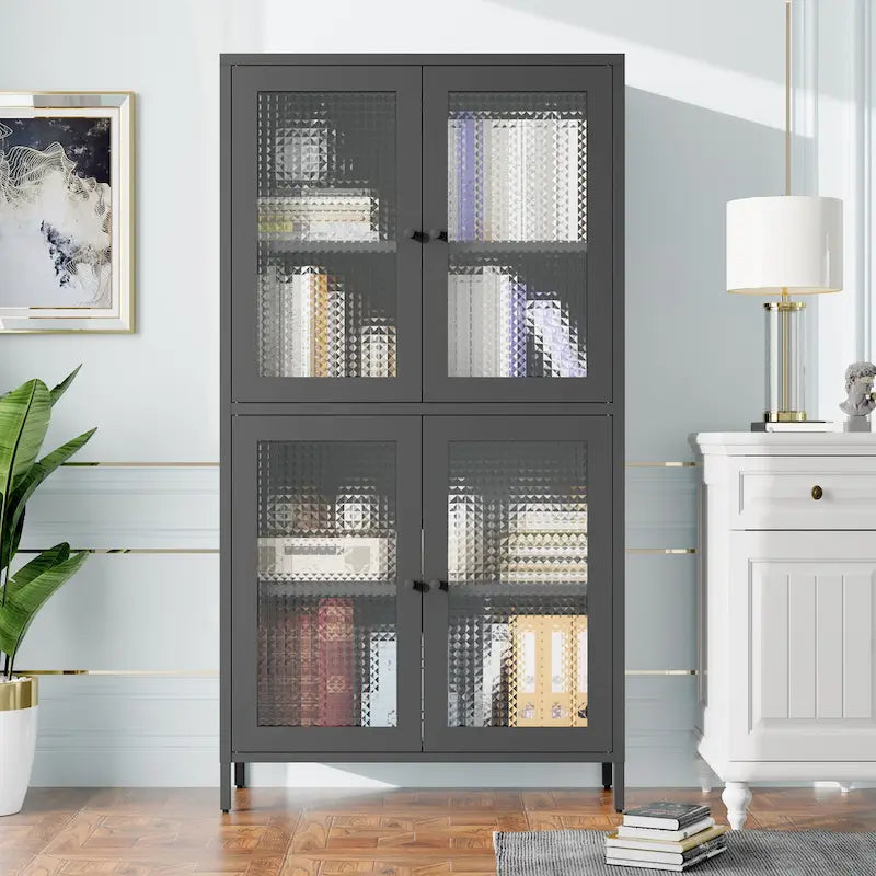 Metal Storage Cabinet 59"H - 4 Waffle Glass Doors, 4 Adjustable Shelves, Anti-Tip, Black Frame Display Bookcase