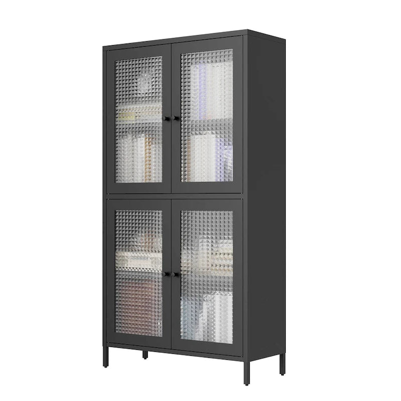 Metal Storage Cabinet 59"H - 4 Waffle Glass Doors, 4 Adjustable Shelves, Anti-Tip, Black Frame Display Bookcase