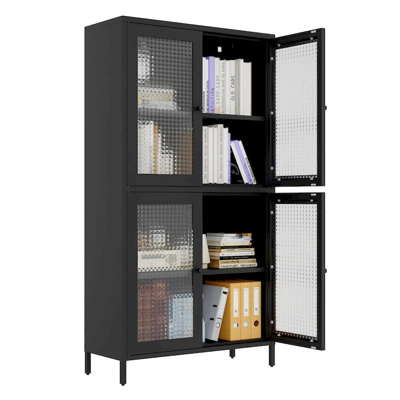 Metal Storage Cabinet 59"H - 4 Waffle Glass Doors, 4 Adjustable Shelves, Anti-Tip, Black Frame Display Bookcase