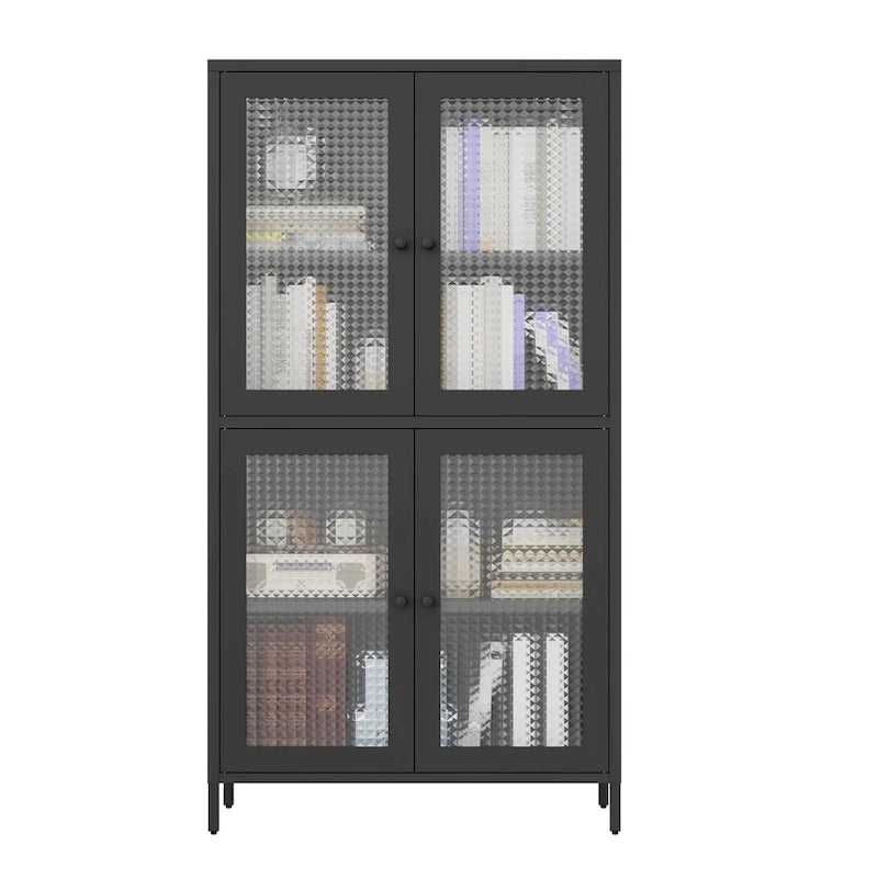 Metal Storage Cabinet 59"H - 4 Waffle Glass Doors, 4 Adjustable Shelves, Anti-Tip, Black Frame Display Bookcase