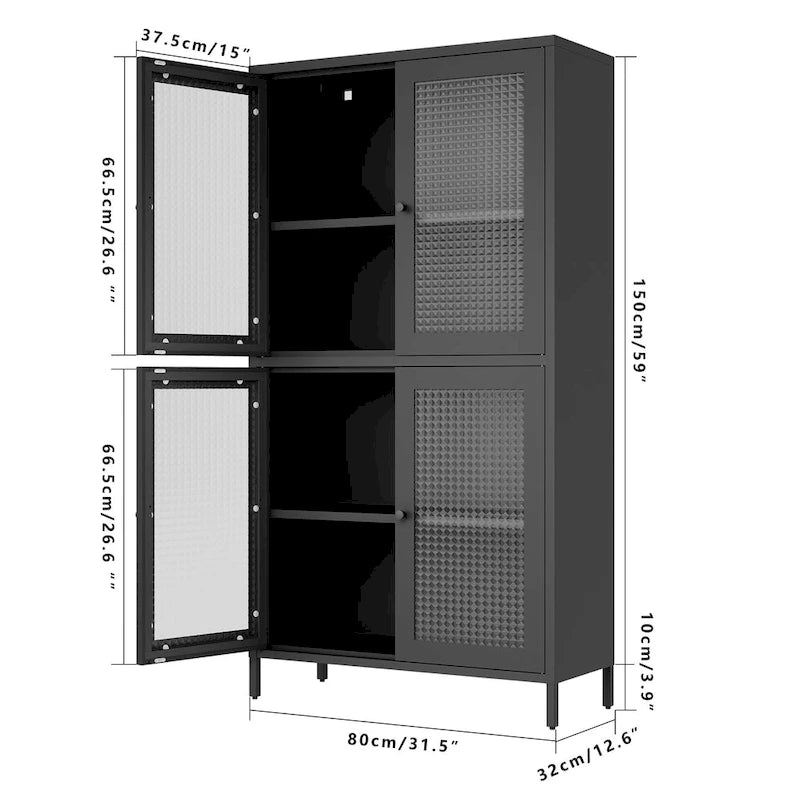 Metal Storage Cabinet 59"H - 4 Waffle Glass Doors, 4 Adjustable Shelves, Anti-Tip, Black Frame Display Bookcase