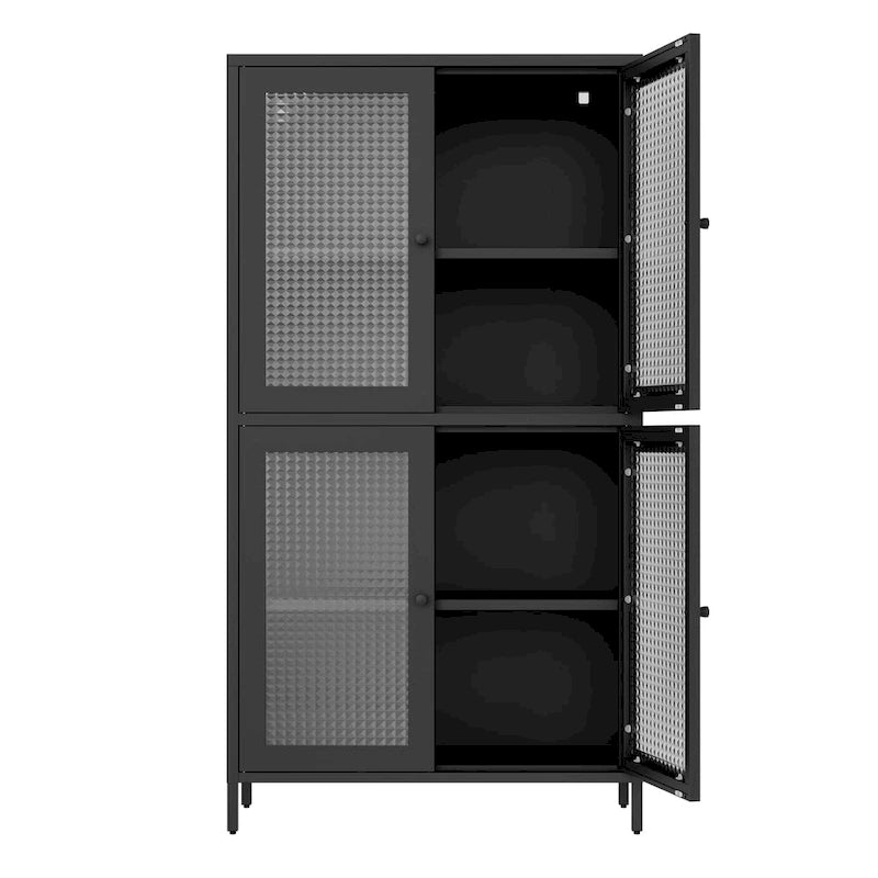 Metal Storage Cabinet 59"H - 4 Waffle Glass Doors, 4 Adjustable Shelves, Anti-Tip, Black Frame Display Bookcase