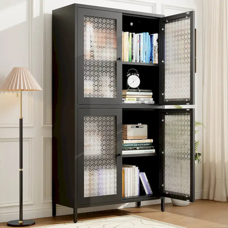 Metal Storage Cabinet 59"H - 4 Waffle Glass Doors, 4 Adjustable Shelves, Anti-Tip, Black Frame Display Bookcase