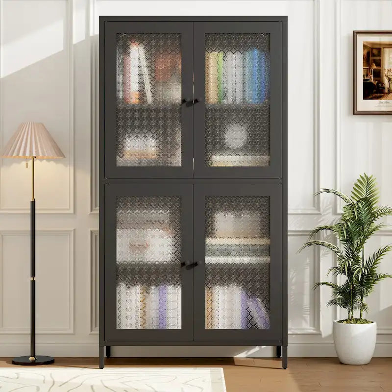 Metal Storage Cabinet 59"H - 4 Waffle Glass Doors, 4 Adjustable Shelves, Anti-Tip, Black Frame Display Bookcase
