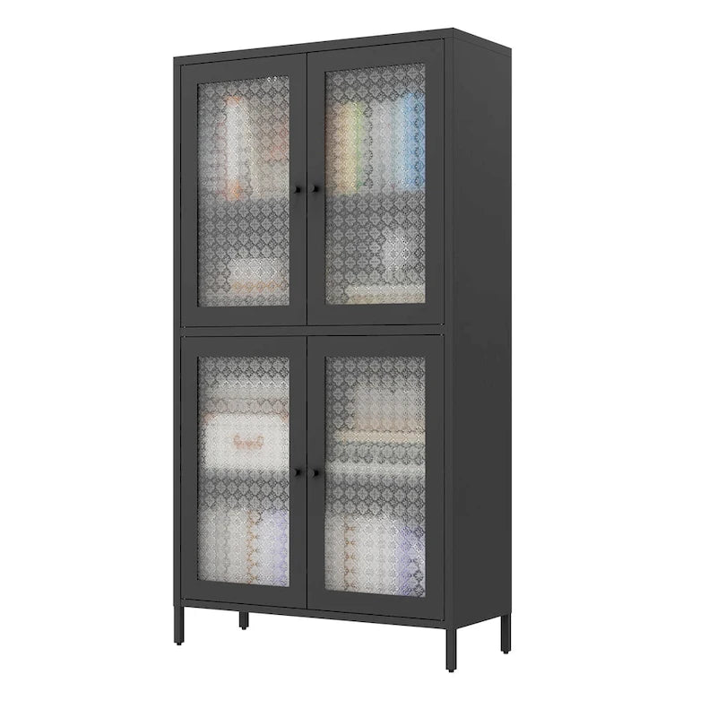 Metal Storage Cabinet 59"H - 4 Waffle Glass Doors, 4 Adjustable Shelves, Anti-Tip, Black Frame Display Bookcase
