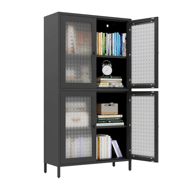Metal Storage Cabinet 59"H - 4 Waffle Glass Doors, 4 Adjustable Shelves, Anti-Tip, Black Frame Display Bookcase