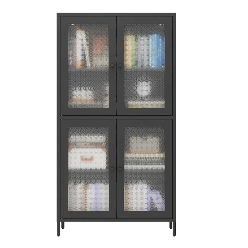 Metal Storage Cabinet 59"H - 4 Waffle Glass Doors, 4 Adjustable Shelves, Anti-Tip, Black Frame Display Bookcase