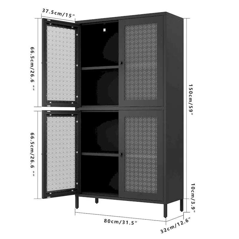 Metal Storage Cabinet 59"H - 4 Waffle Glass Doors, 4 Adjustable Shelves, Anti-Tip, Black Frame Display Bookcase