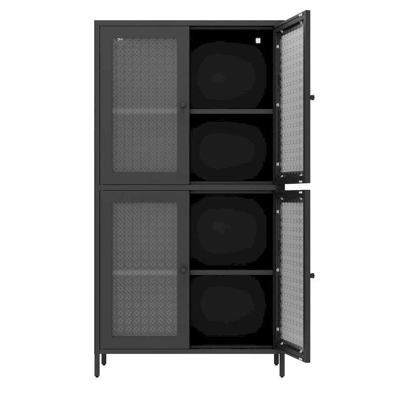 Metal Storage Cabinet 59"H - 4 Waffle Glass Doors, 4 Adjustable Shelves, Anti-Tip, Black Frame Display Bookcase
