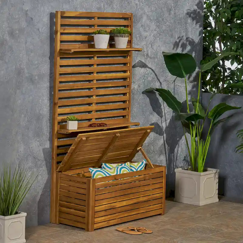 67" Tall Entryway Storage Bench with Rack - Acacia Wood - Shoe Storage Shelves - Mudroom Organizer - 37.5"W Hall Tree Bench