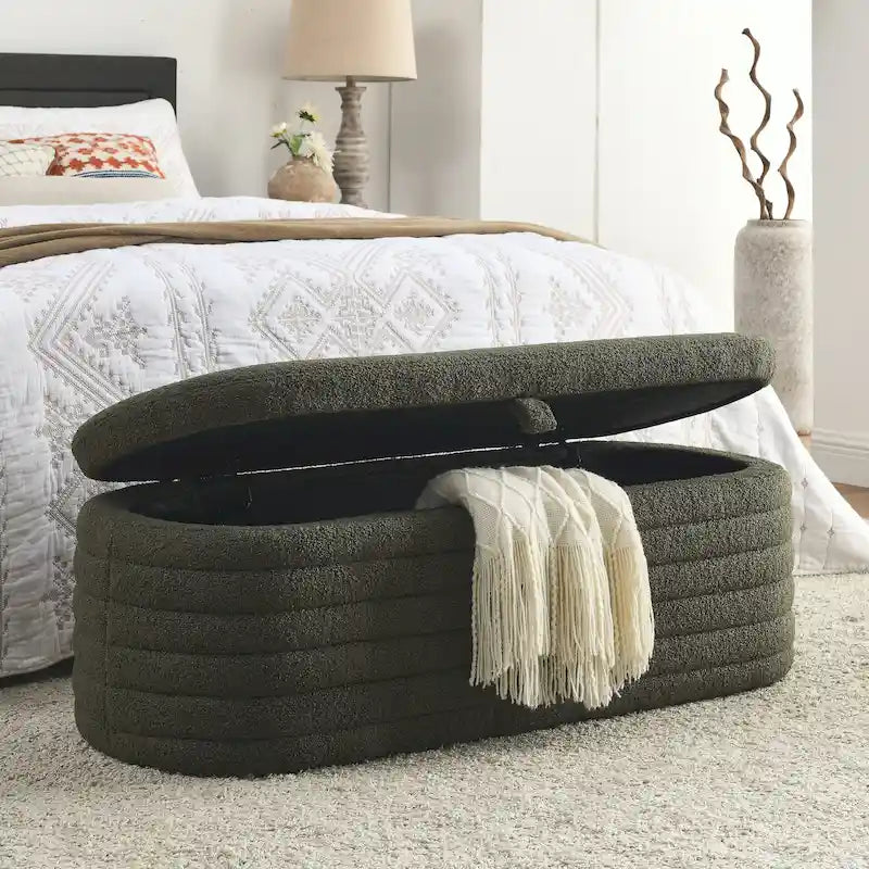 Boucle Sherpa Storage Bench 40"L Tufted 350lb Capacity Safety Hinges Solid Wood No Assembly Ottoman