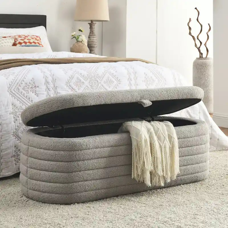Boucle Sherpa Storage Bench 40"L Tufted 350lb Capacity Safety Hinges Solid Wood No Assembly Ottoman