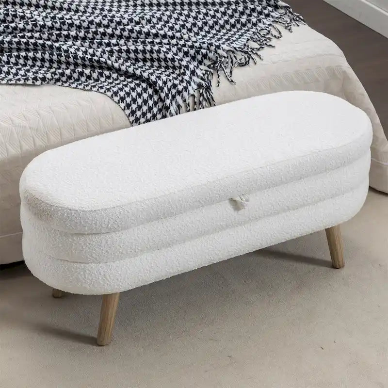 48.88" Boucle Fabric Storage Bench - 300 lb Tufted Ottoman with Eucalyptus Wood Legs, Foam Cushion - Modern Bedroom Entryway Seat