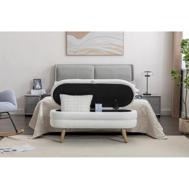 48.88" Boucle Fabric Storage Bench - 300 lb Tufted Ottoman with Eucalyptus Wood Legs, Foam Cushion - Modern Bedroom Entryway Seat