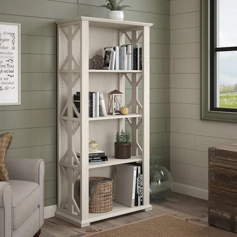 4-Shelf Farmhouse Bookcase 31"W x 66"H - Adjustable Shelves with Trestle Design, 50lbs Capacity per Shelf, Anti-Tip Wall Mount