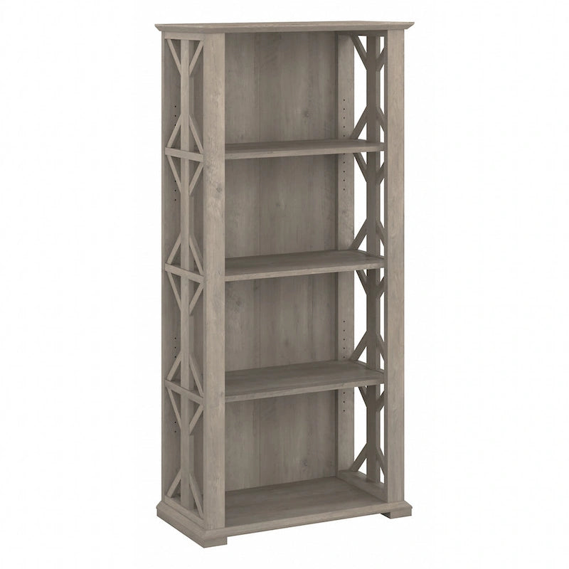 4-Shelf Farmhouse Bookcase 31"W x 66"H - Adjustable Shelves with Trestle Design, 50lbs Capacity per Shelf, Anti-Tip Wall Mount