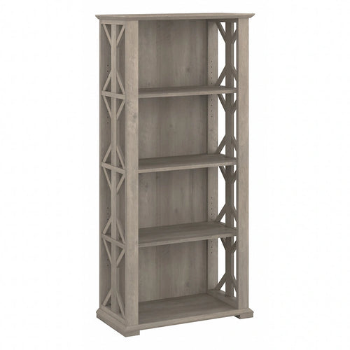 4-Shelf Farmhouse Bookcase 31"W x 66"H - Adjustable Shelves with Trestle Design, 50lbs Capacity per Shelf, Anti-Tip Wall Mount