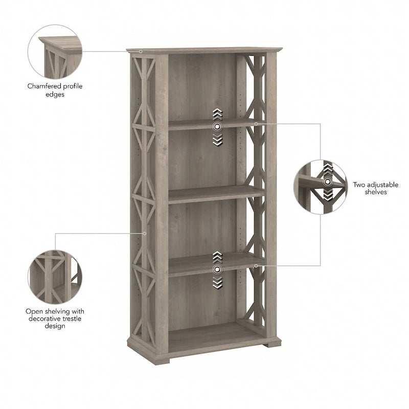 4-Shelf Farmhouse Bookcase 31"W x 66"H - Adjustable Shelves with Trestle Design, 50lbs Capacity per Shelf, Anti-Tip Wall Mount