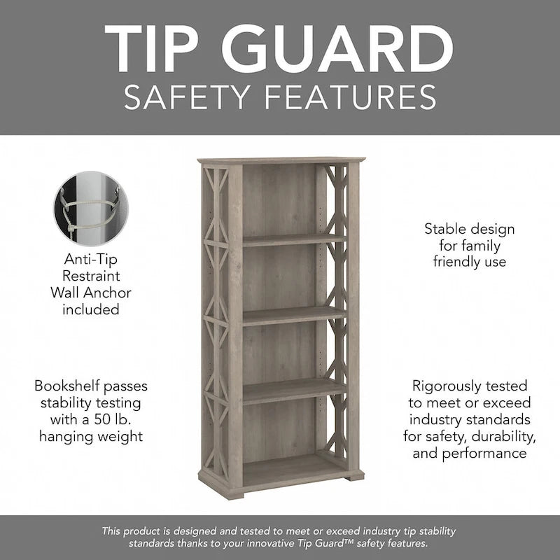 4-Shelf Farmhouse Bookcase 31"W x 66"H - Adjustable Shelves with Trestle Design, 50lbs Capacity per Shelf, Anti-Tip Wall Mount