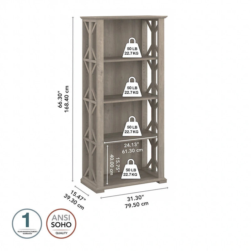 4-Shelf Farmhouse Bookcase 31"W x 66"H - Adjustable Shelves with Trestle Design, 50lbs Capacity per Shelf, Anti-Tip Wall Mount