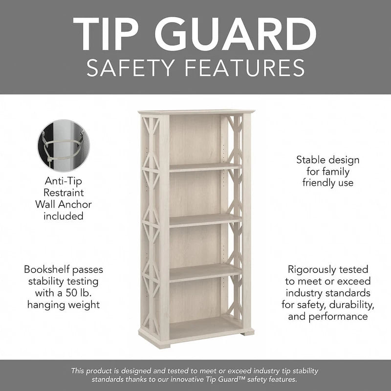 4-Shelf Farmhouse Bookcase 31"W x 66"H - Adjustable Shelves with Trestle Design, 50lbs Capacity per Shelf, Anti-Tip Wall Mount