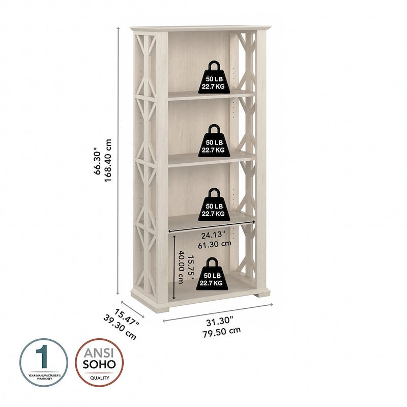 4-Shelf Farmhouse Bookcase 31"W x 66"H - Adjustable Shelves with Trestle Design, 50lbs Capacity per Shelf, Anti-Tip Wall Mount