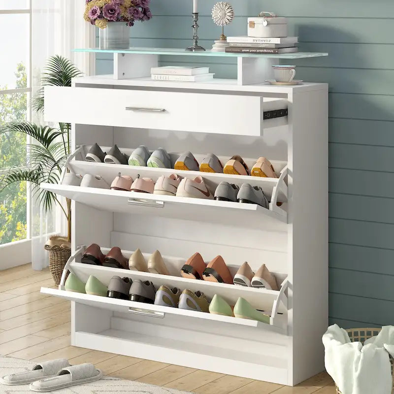 White Shoe Storage Cabinet 40.9"H 2 Flip Drawers Tempered Glass Top Adjustable Shelves 16 Pairs Slim