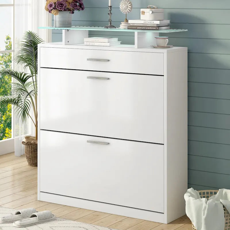 White Shoe Storage Cabinet 40.9"H 2 Flip Drawers Tempered Glass Top Adjustable Shelves 16 Pairs Slim