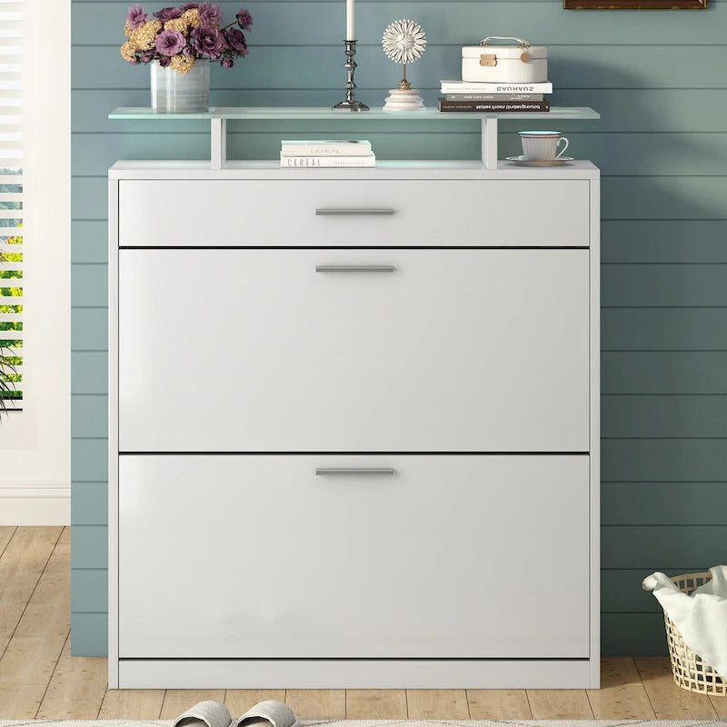 White Shoe Storage Cabinet 40.9"H 2 Flip Drawers Tempered Glass Top Adjustable Shelves 16 Pairs Slim