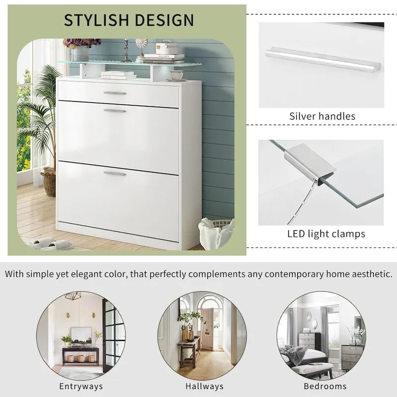 White Shoe Storage Cabinet 40.9"H 2 Flip Drawers Tempered Glass Top Adjustable Shelves 16 Pairs Slim