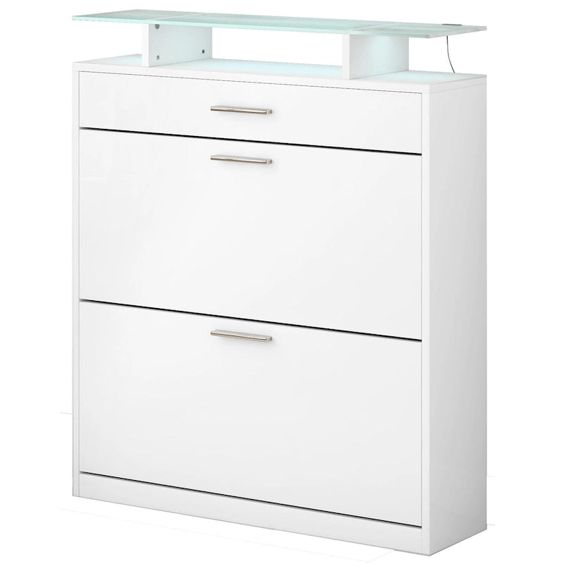 White Shoe Storage Cabinet 40.9"H 2 Flip Drawers Tempered Glass Top Adjustable Shelves 16 Pairs Slim