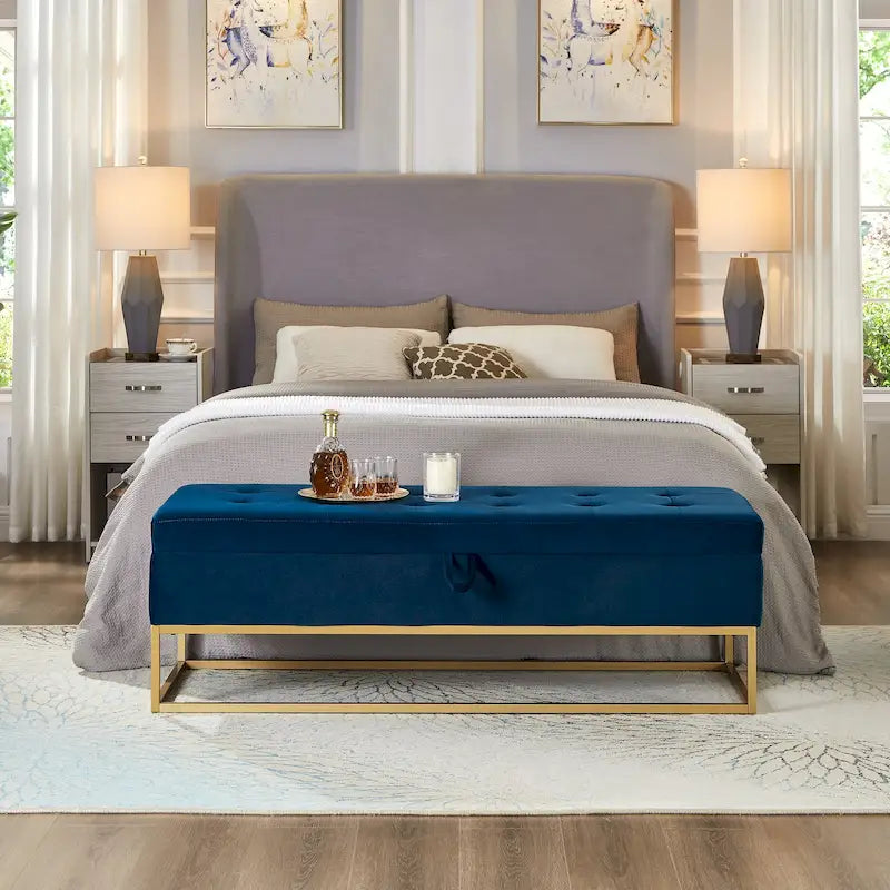 Velvet Tufted Storage Bench with Metal Base - 500 lbs Capacity - Button Tufted Ottoman Seat - Bedroom Entryway Hallway Furniture