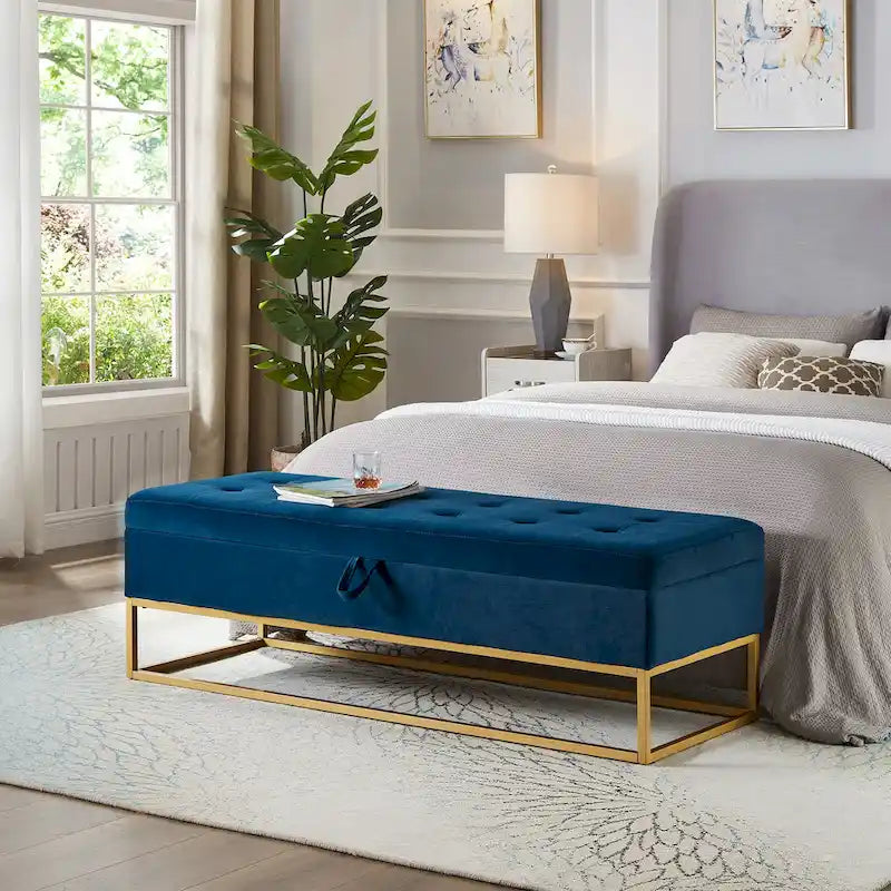 GDFStudio - Charlotte Velvet Tufted Storage Bench with Metal Base