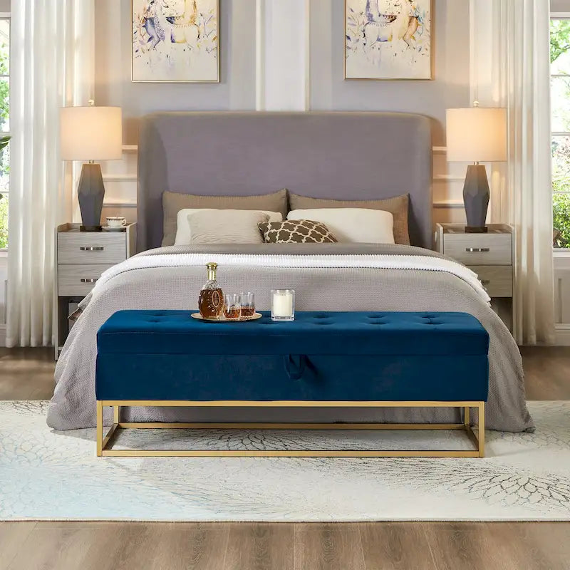 Velvet Tufted Storage Bench with Metal Base - 500 lbs Capacity - Button Tufted Ottoman Seat - Bedroom Entryway Hallway Furniture