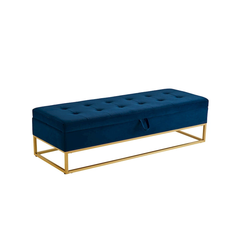 Velvet Tufted Storage Bench with Metal Base - 500 lbs Capacity - Button Tufted Ottoman Seat - Bedroom Entryway Hallway Furniture
