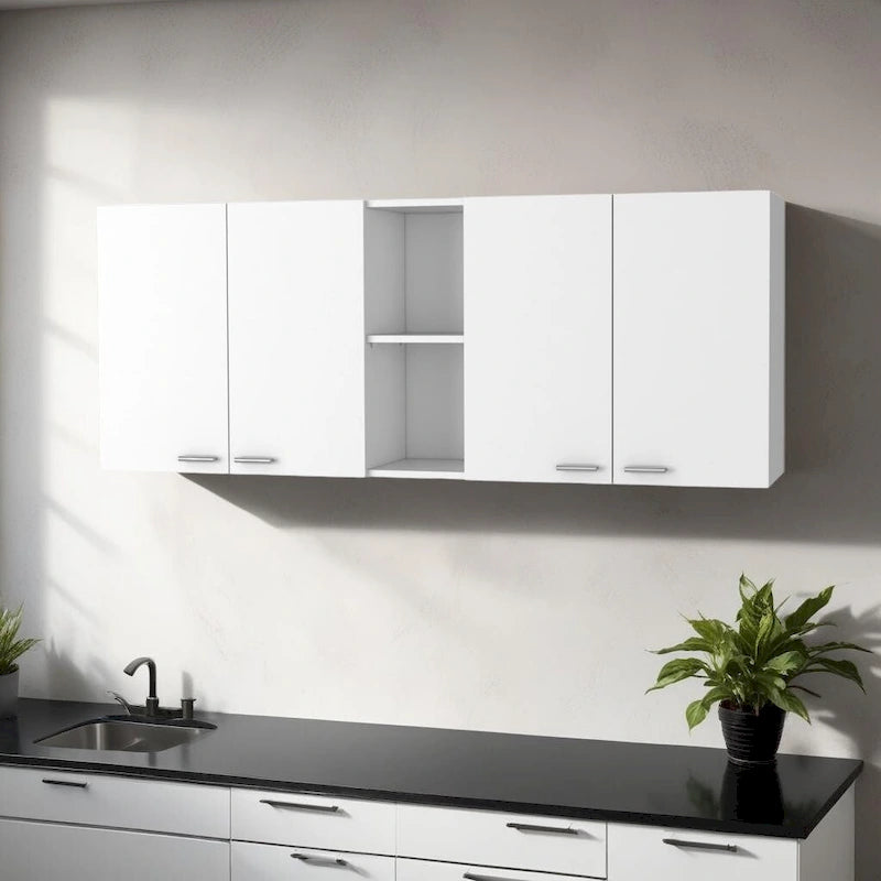59" White Wall Mounted Cabinet with 4 Doors - MDF Kitchen Storage with Open Cubby, Dish Rack Holder & Fixed Shelves, Space-Saving