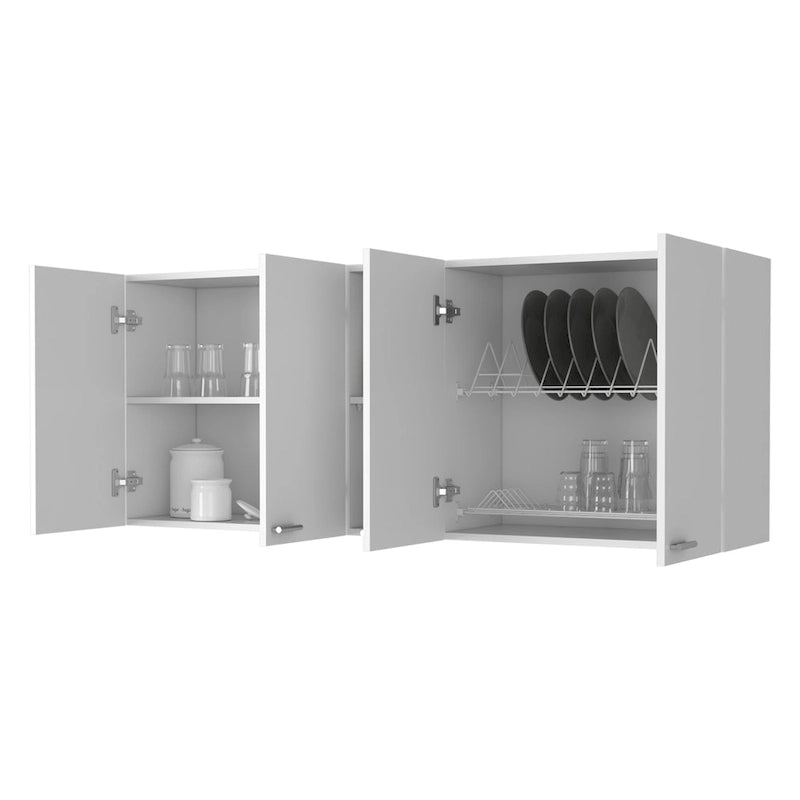 59" White Wall Mounted Cabinet with 4 Doors - MDF Kitchen Storage with Open Cubby, Dish Rack Holder & Fixed Shelves, Space-Saving