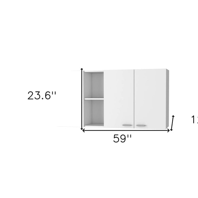 59" White Wall Mounted Cabinet with 4 Doors - MDF Kitchen Storage with Open Cubby, Dish Rack Holder & Fixed Shelves, Space-Saving