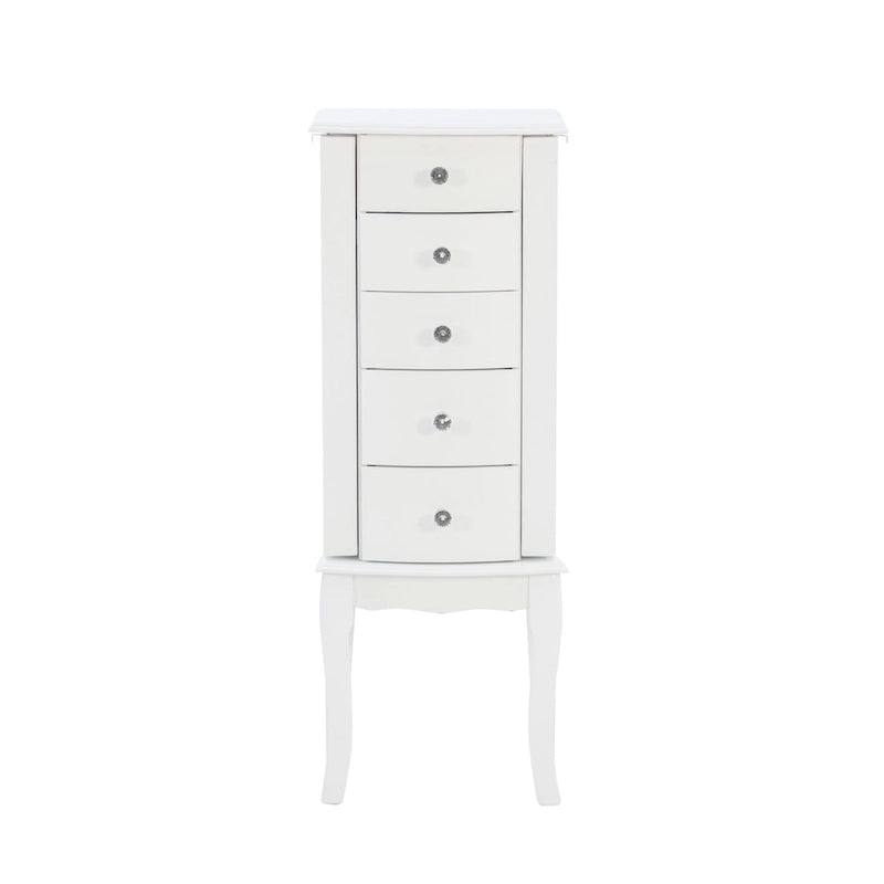 White Jewelry Armoire 35.5"H Scalloped Top Crystal Pulls Curved Legs Pink Lining Storage Drawers