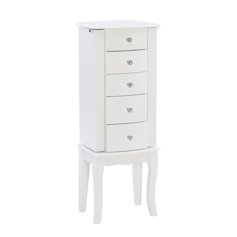 White Jewelry Armoire 35.5"H Scalloped Top Crystal Pulls Curved Legs Pink Lining Storage Drawers