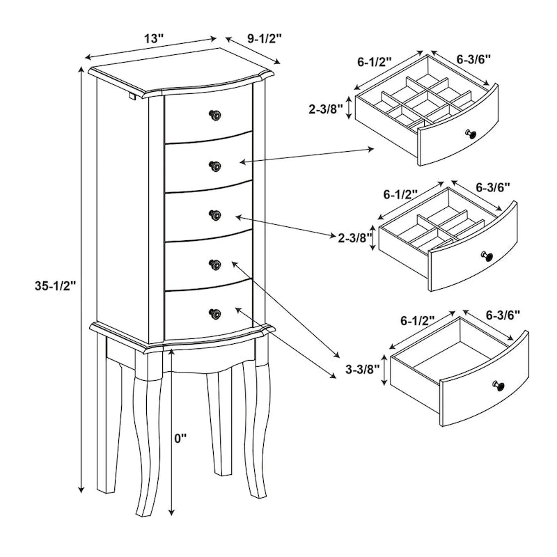 White Jewelry Armoire 35.5"H Scalloped Top Crystal Pulls Curved Legs Pink Lining Storage Drawers