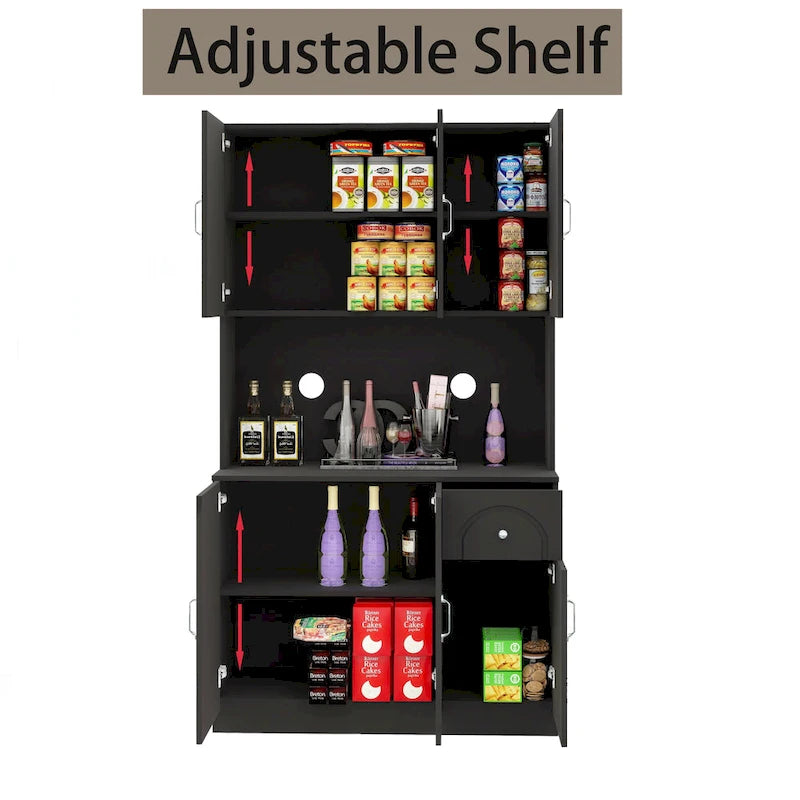 71" Kitchen Pantry Cabinet with Microwave Shelf - Freestanding Hutch with Adjustable Shelves, Drawer, UV Painted E1 MDF - Anti-Tip Design