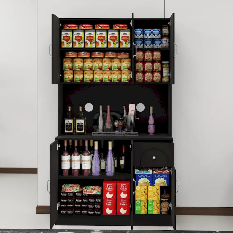 71" Kitchen Pantry Cabinet with Microwave Shelf - Freestanding Hutch with Adjustable Shelves, Drawer, UV Painted E1 MDF - Anti-Tip Design