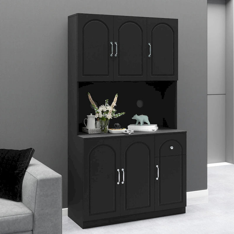 71" Kitchen Pantry Cabinet with Microwave Shelf - Freestanding Hutch with Adjustable Shelves, Drawer, UV Painted E1 MDF - Anti-Tip Design