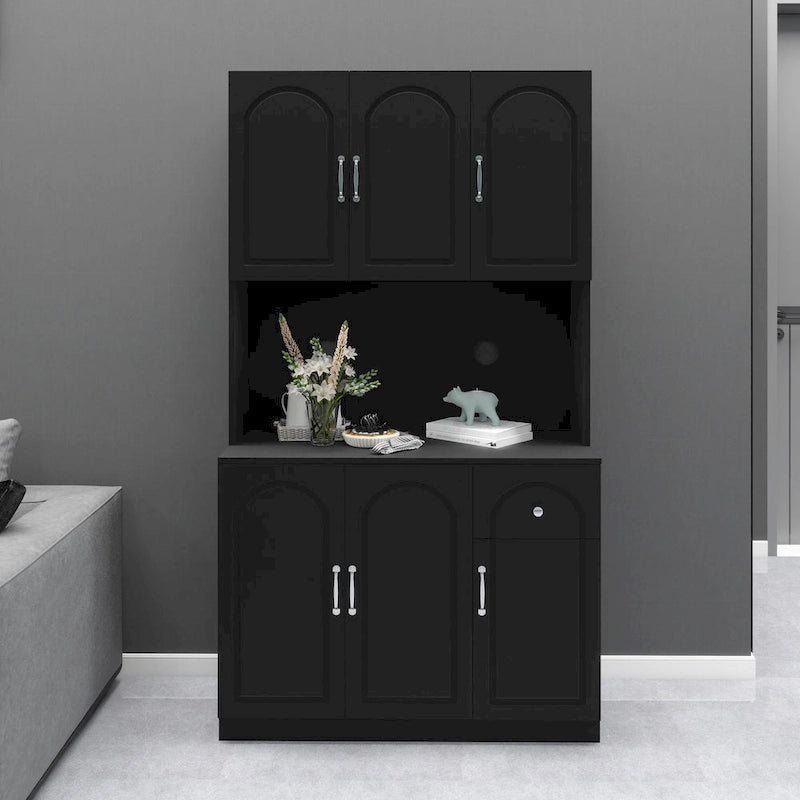 71" Kitchen Pantry Cabinet with Microwave Shelf - Freestanding Hutch with Adjustable Shelves, Drawer, UV Painted E1 MDF - Anti-Tip Design