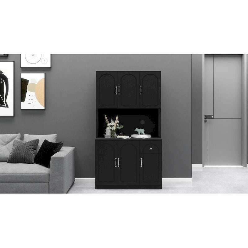 71" Kitchen Pantry Cabinet with Microwave Shelf - Freestanding Hutch with Adjustable Shelves, Drawer, UV Painted E1 MDF - Anti-Tip Design