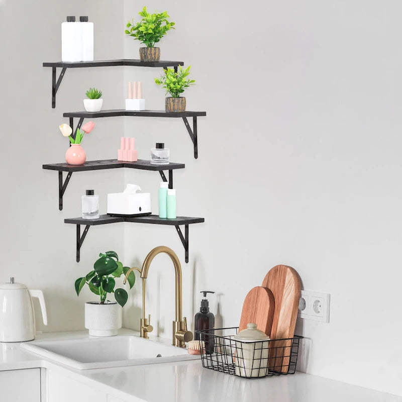 16" x 11.4" Wood Floating Shelves Set - Wall Mounted Display Shelves for Bathroom, Bedroom, Kitchen - Easy Install with Hardware Included